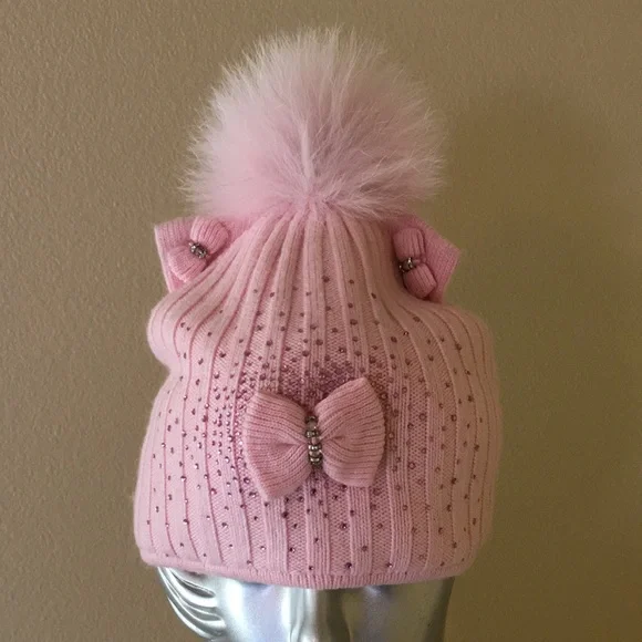 Kitty Cat Ear Beanie Hat With Fox Fur Pom Pom - Picture 2 of 10